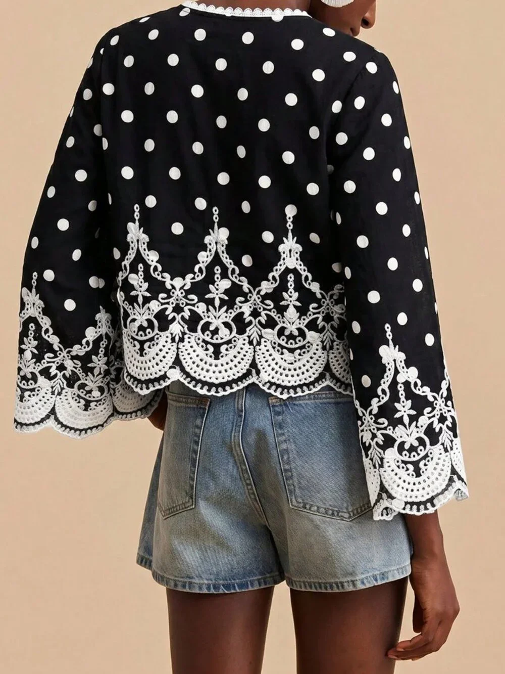 Black Boho Women's Polka Dot Print Embroidered Detail Long Sleeve Shirt